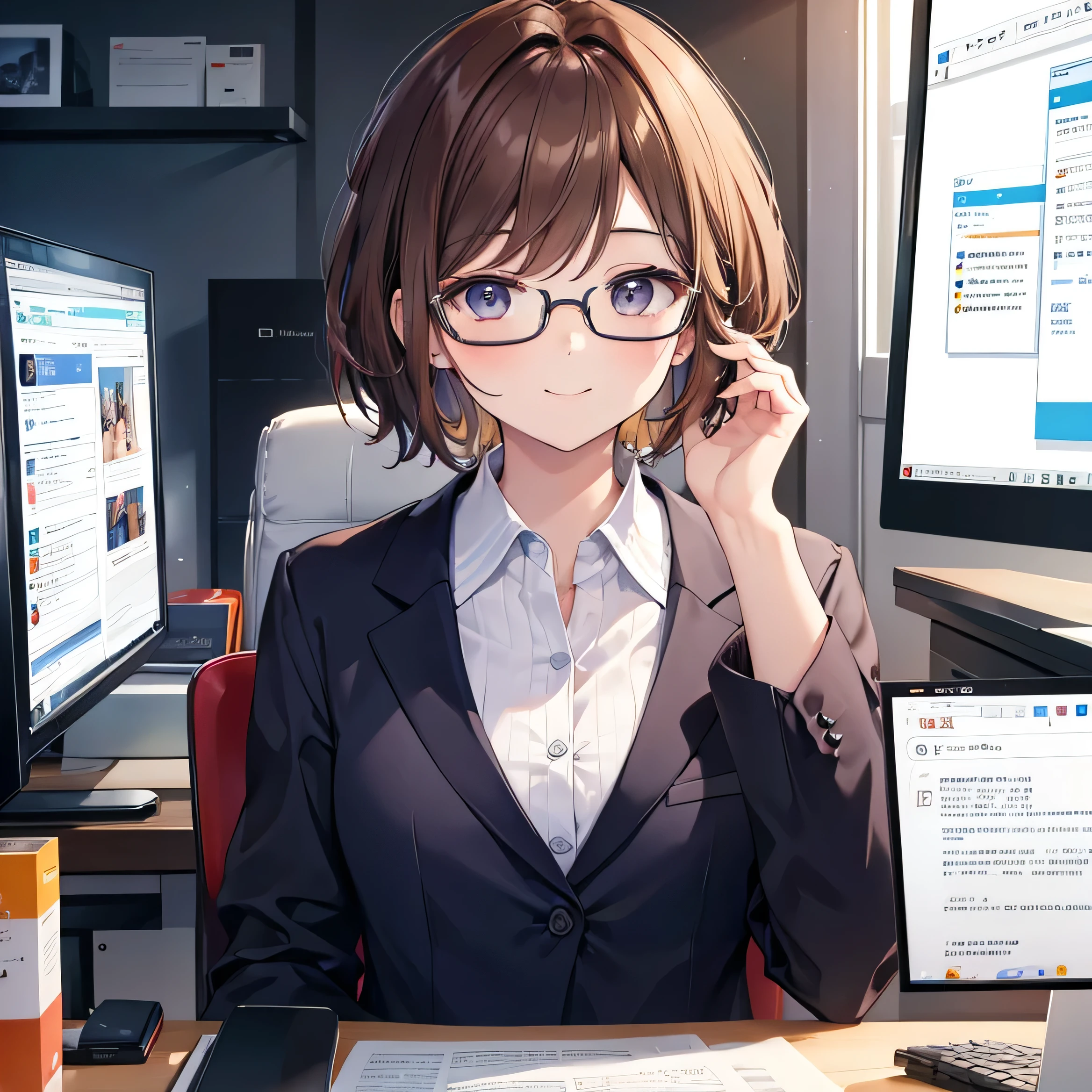 (highest quality), (masterpiece), 1080p, High resolution, 4K, 8k,Adult women、 Glasses, Brown Hair, short hair、smile、Brightly colored suits, Check out the documentation, View the computer, office