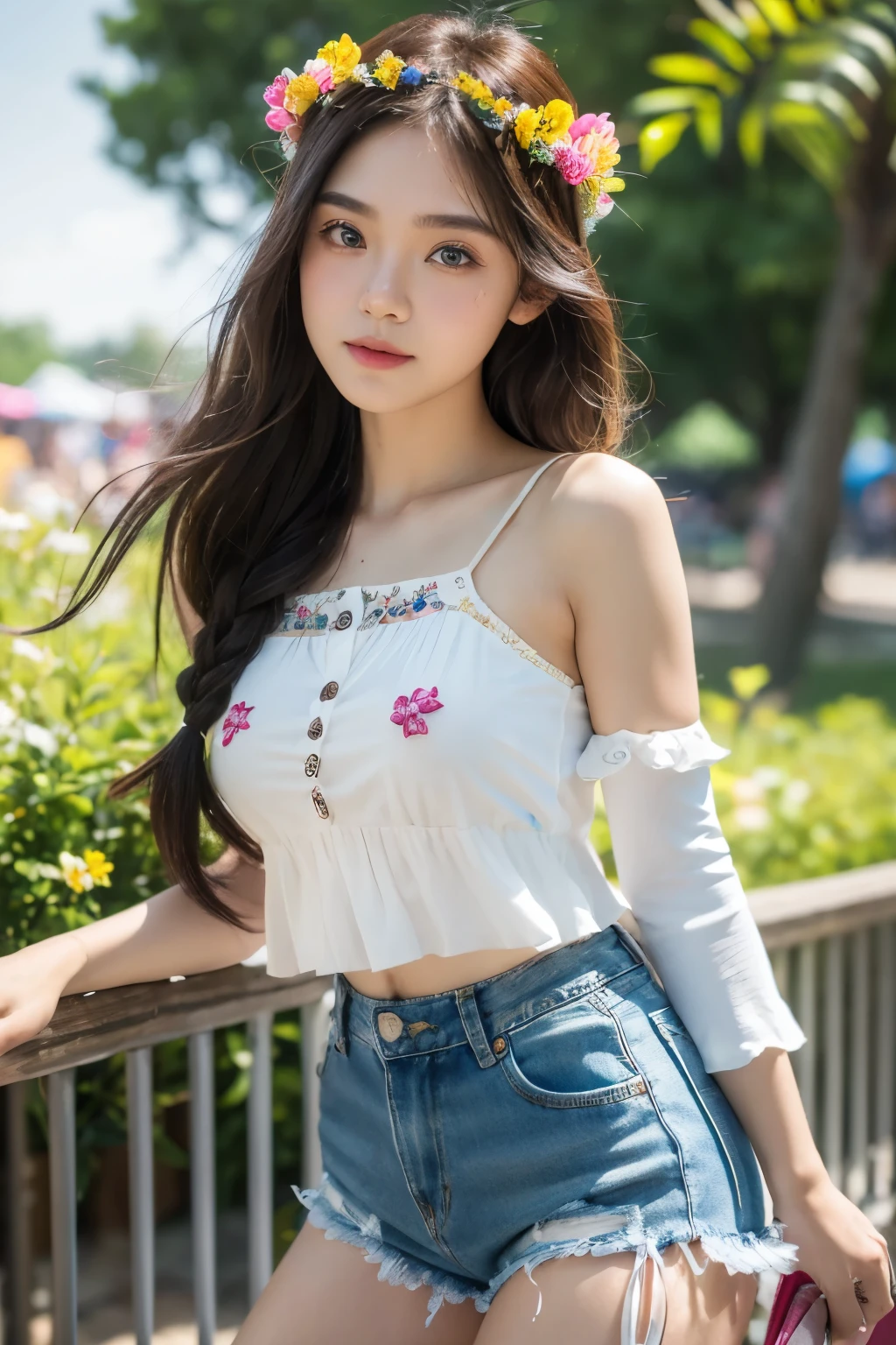 (8k, highest quality, ultra detailed:1.37), (Dina), 18yo, (a free-spirited Javanese girl), embraces the bohemian festival atmosphere. She wears a summer dress top with denim shorts and accessorizes with flowers and beads. Her brown hair in a crown braids was swept up in loose curls that tumbled down her back. The high-resolution image captures ultra-detailed realism, highlighting Dina's captivating eyes, long eyelashes, and smooth complexion. The vibrant festival setting adds an energetic and colorful backdrop to showcase Dina's carefree and artistic personality.