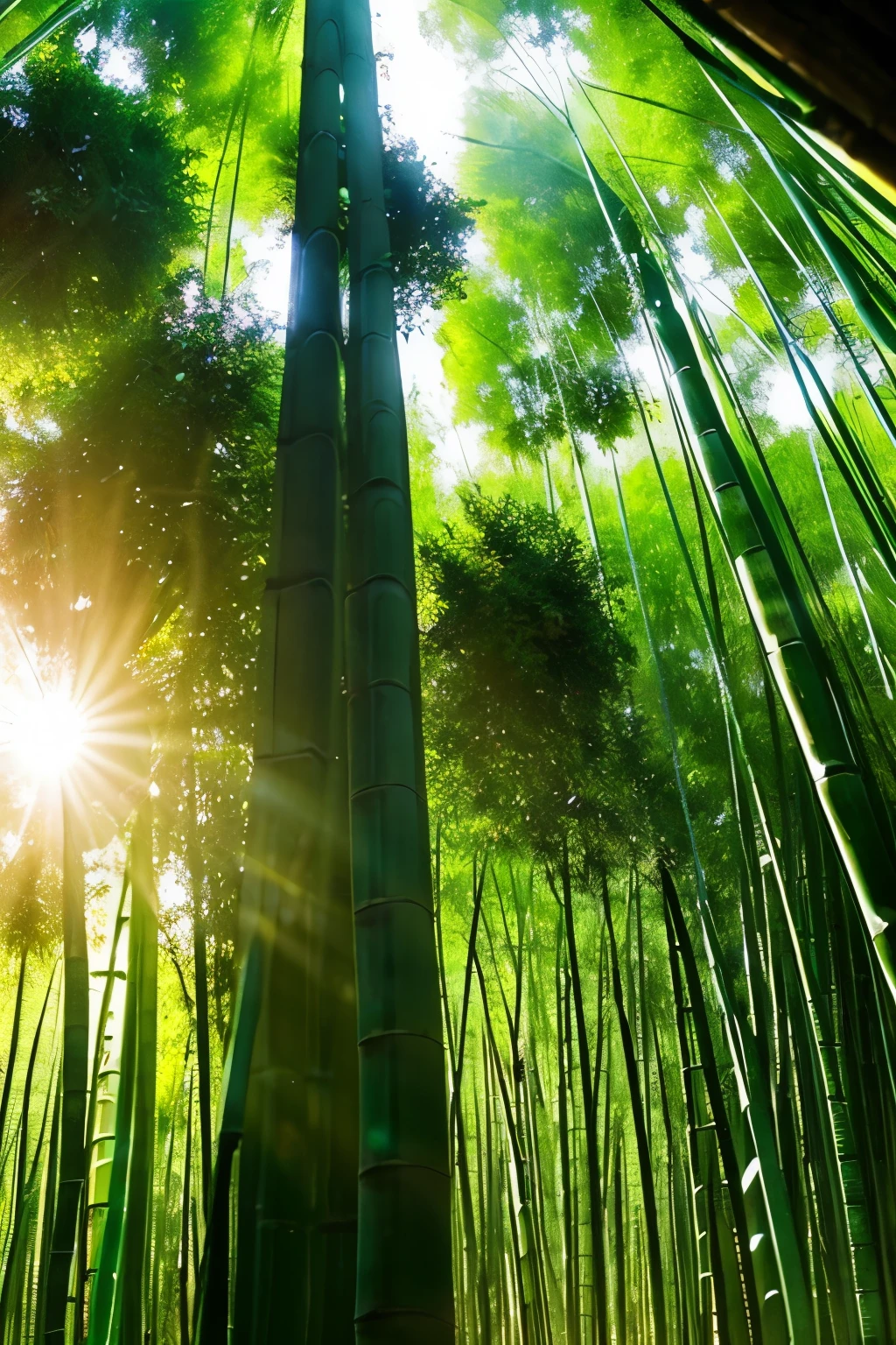 In the bamboo forest、The sunlight filtering through the trees is soft、In front of me is a thick bamboo、
