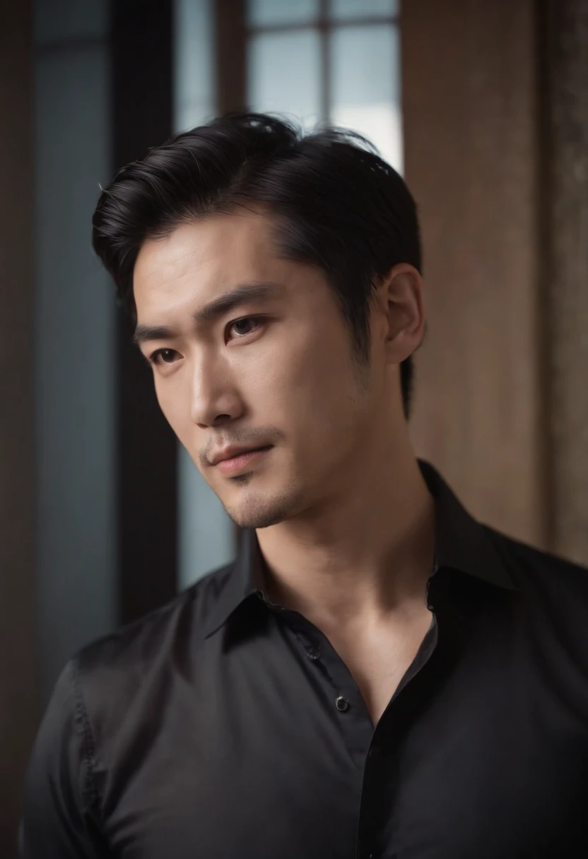 Japanese, Gorgeous man in a black silk shirt  , Japanese, Sexy Male Executive,