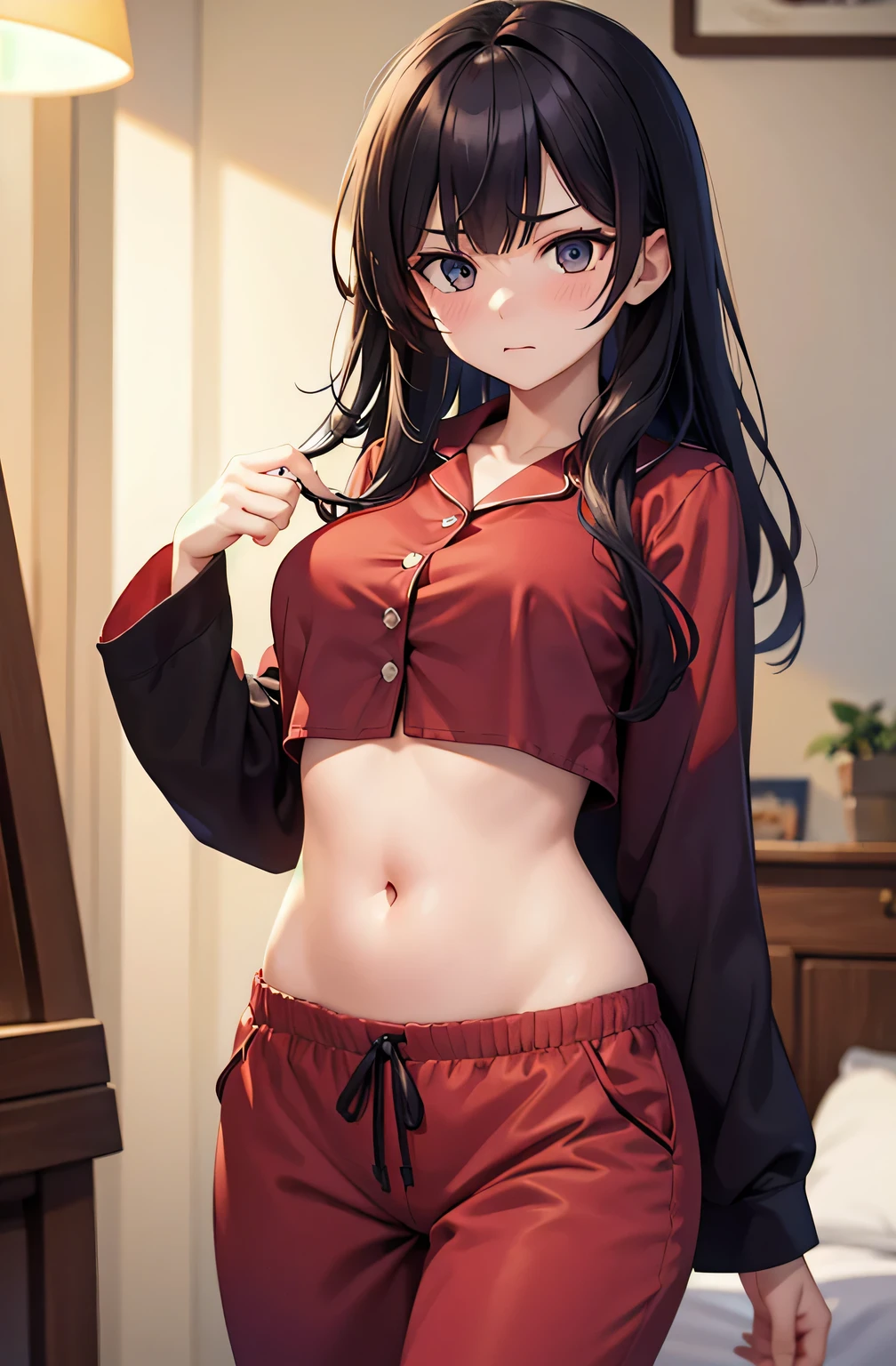 super fine illustration, vibrant colors, masterpiece, sharp focus, best quality, depth of field, cinematic lighting, ultra detailed, sleeves, crop top, pajamas, button up, pajama pants, drawstring, belly button, innie, wide hips, 1 woman, home, solo, milf, very messy hair, dark color hair, long hair, slender, blush, room, indoors, annoyed, mature female, tall woman, medium breasts, looking down, playing hair