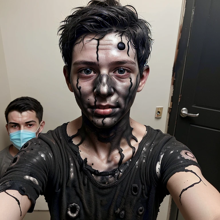 A boy actor takes a selfie while covered in soot after being caught in an explosion
