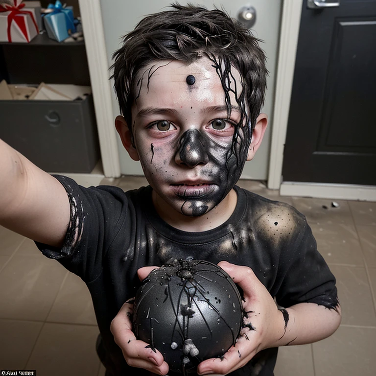 Selfie of boy covered in soot and in tatters after gift bomb explodes