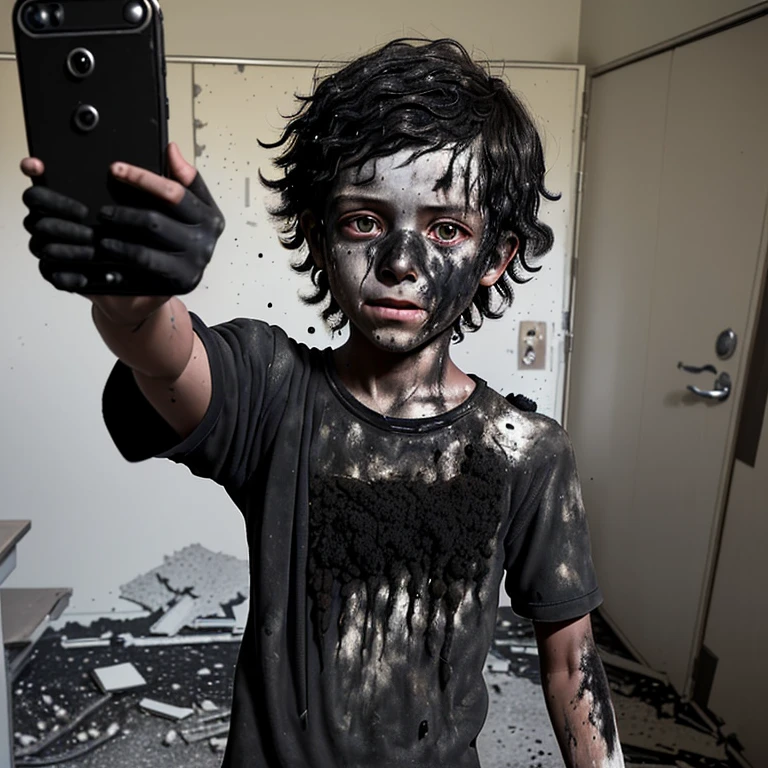 A selfie of an  covered in soot and in tatters after an explosion during an experiment