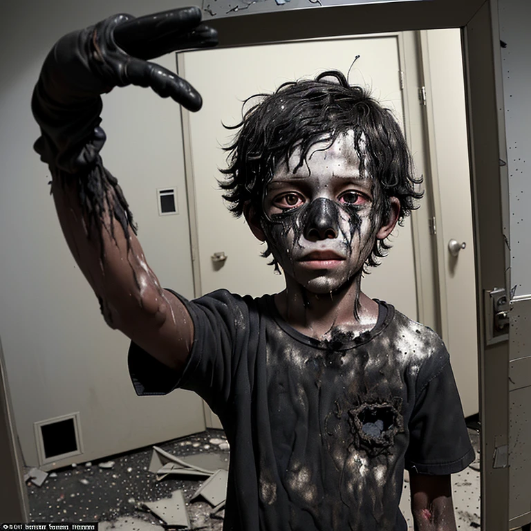 A boy covered in soot gets caught in an explosion along with his friend