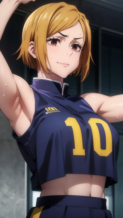 a close up of a person wearing a basketball uniform, a picture, inspired by Kentaro Miura, trending on pixiv, Nobara, Jujutsu Kaisen, wearing yellow nba jersey, yellow croptop nba jersey, wearing a low cut croptop, wearing croptop, croptop, written "Lakers" on the croptop, golden raito, (winking), shirobako, large)}], favorite scene, fine details. anime. skins, sweating, big breasts, both hands raised, armpits, armpits visible, dripping with sweat, more more sweat, sweaty armpits, smile