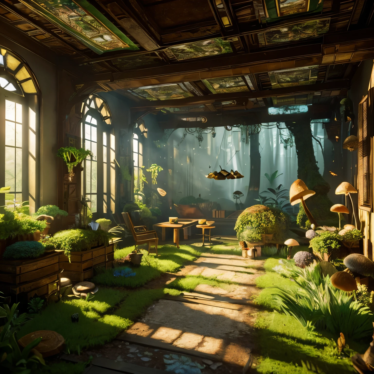 masterpiece, highest quality, (Highly detailed CG Unity 8k wallpaper), (highest quality), (Best illustrations), (Best Shadow), Moss-covered mushroom house，fire Fly，The room is filled with bright light，petal, Isometric 3D Natural, Octane Rendering,Ray Tracing,Super detailed,