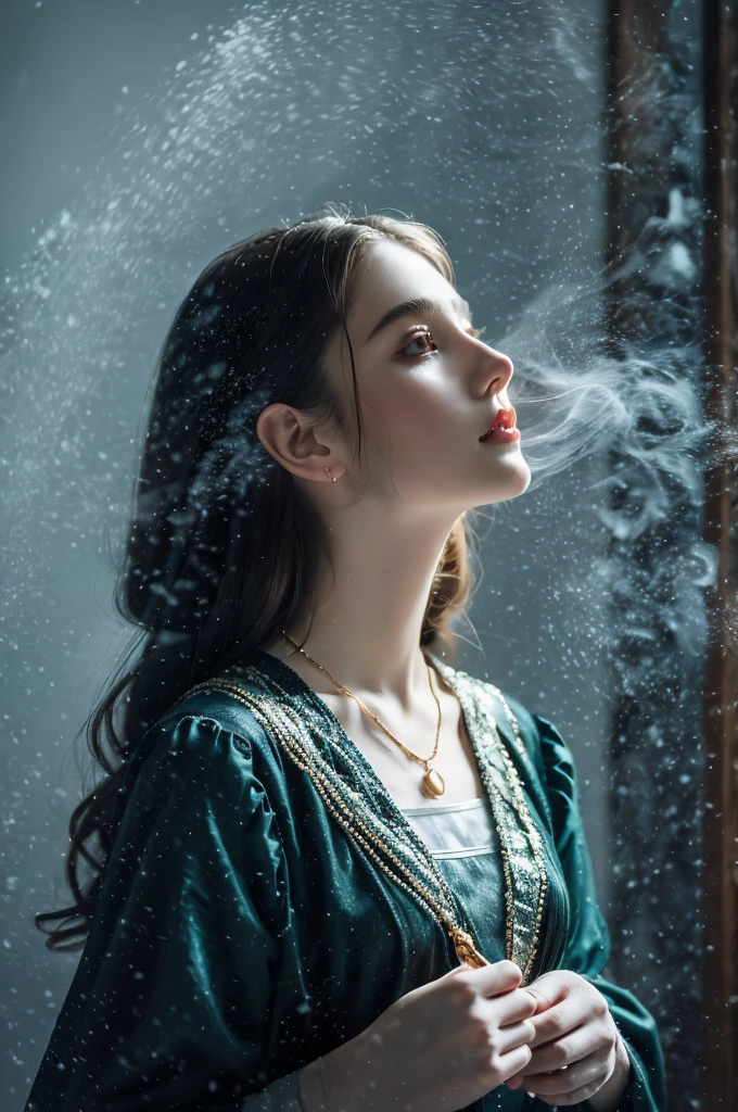 ( masterpiece, top quality, best quality,8k,17 years old girl,ultra detailed,raw photo:1.5),(photorealistic:1.4), (cinematic lighting), PerfectNwsjMajic, , Surrealism, UHD, ccurate, Super detail, textured skin, High detail, Best quality, dynamic angle, White skin,[Beautiful blue eyes], high nose,[flat chest:large breasts:0.5],(1girl),(good anatomy:0.5)), Dreamy atmosphere, Dark,expressive brush strokes, mystical ambiance, Artistic interpretation, Stunning Studio Ghibli style costumes, a whimsical illustration, Subtle colors and tones, mystical aura, jewelry ,sparkling, snow storm ,hairstyles