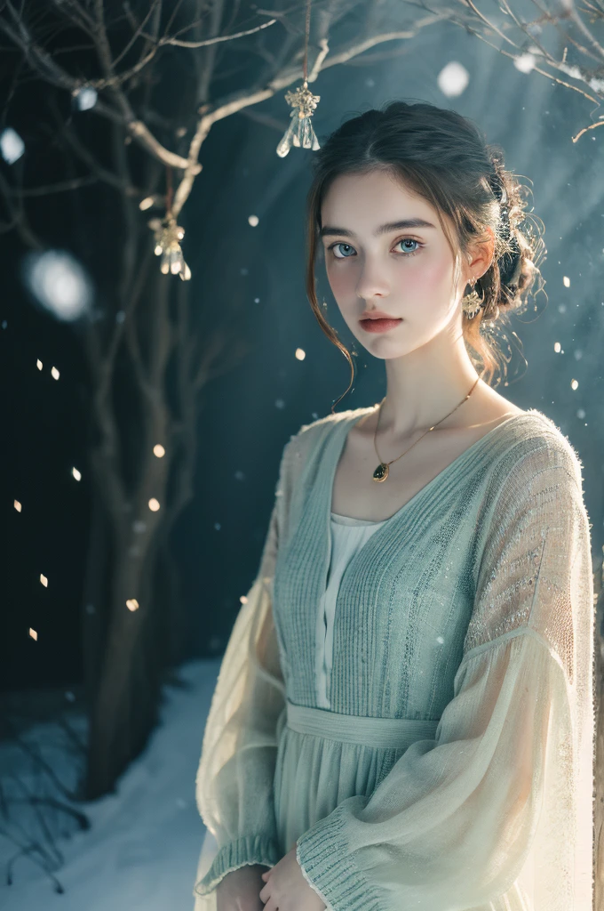( masterpiece, top quality, best quality,8k, girl,ultra detailed,raw photo:1.5),(photorealistic:1.4), (cinematic lighting), PerfectNwsjMajic, , Surrealism, UHD, ccurate, Super detail, textured skin, High detail, Best quality, dynamic angle, White skin,[Beautiful blue eyes], high nose,[flat chest:large breasts:0.5],(1girl),(good anatomy:0.5)), Dreamy atmosphere, Dark,expressive brush strokes, mystical ambiance, Artistic interpretation, Stunning Studio Ghibli style costumes, a whimsical illustration, Subtle colors and tones, mystical aura, jewelry ,sparkling, snow storm ,hairstyles