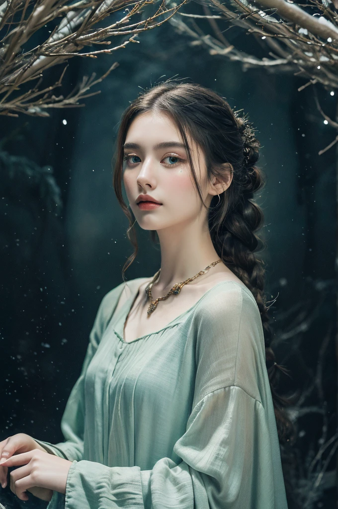 ( masterpiece, top quality, best quality,8k,17 years old girl,ultra detailed,raw photo:1.5),(photorealistic:1.4), (cinematic lighting), PerfectNwsjMajic, , Surrealism, UHD, ccurate, Super detail, textured skin, High detail, Best quality, dynamic angle, White skin,[Beautiful blue eyes], high nose,[flat chest:large breasts:0.5],(1girl),(good anatomy:0.5)), Dreamy atmosphere, Dark,expressive brush strokes, mystical ambiance, Artistic interpretation, Stunning Studio Ghibli style costumes, a whimsical illustration, Subtle colors and tones, mystical aura, jewelry ,sparkling, snow storm ,hairstyles