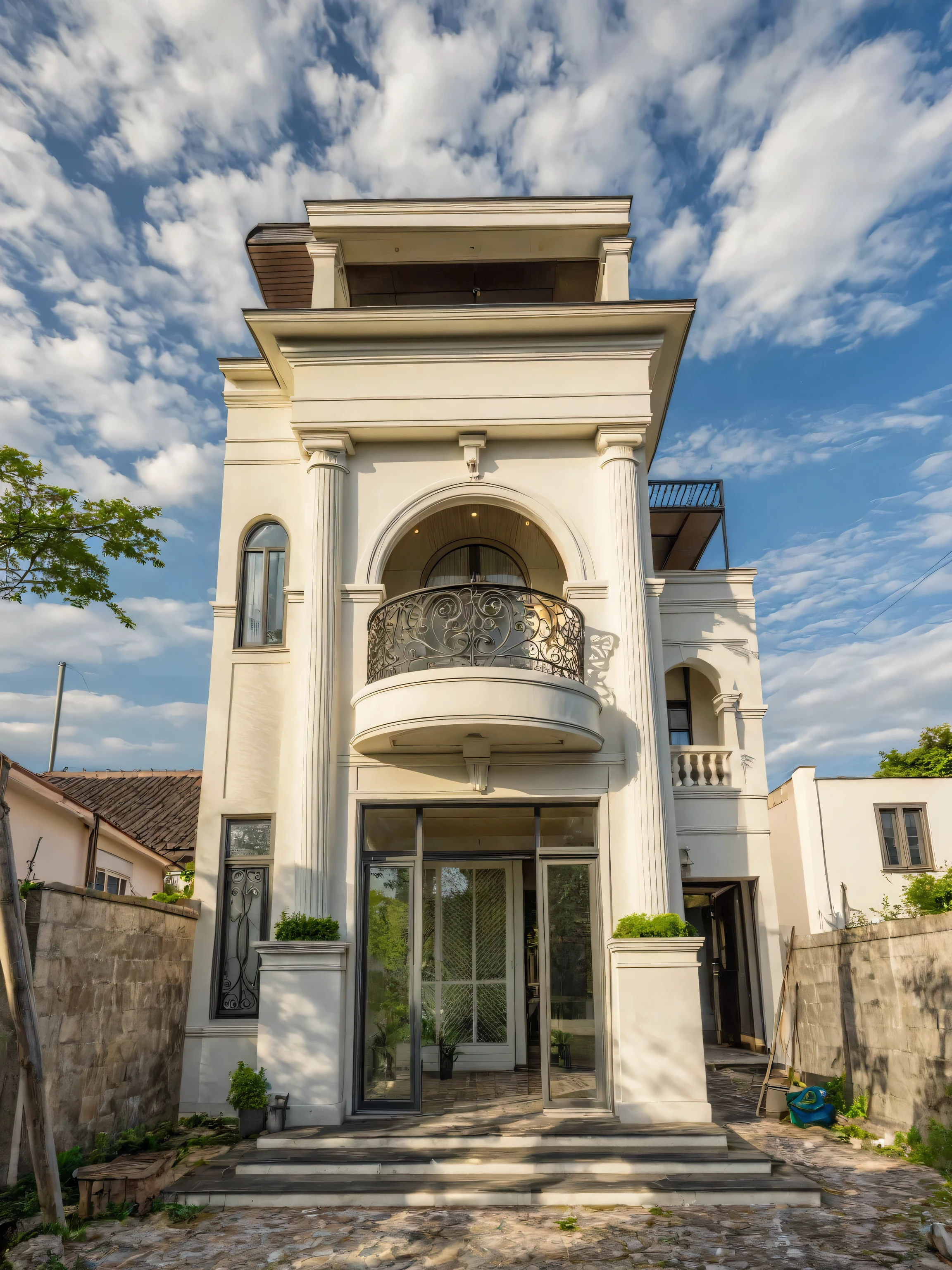 Masterpiece, high quality, best quality, authentic, super detail, outdoors, house style modern,bietthuhn, white wall, glass windows, gate road,pavement, grass, trees,blue sky, cloud, (day:1.1), realistic lighting