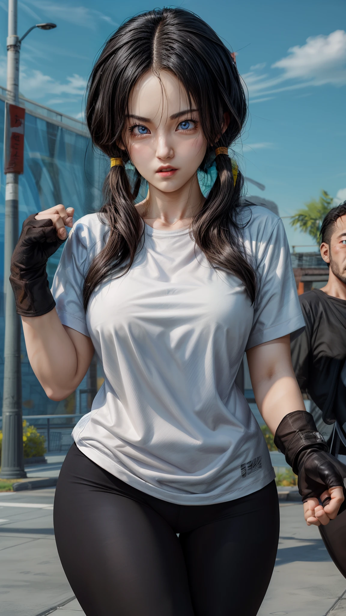 top-quality, 8K, ultra-detailliert, Photorealsitic, close up of face, ​masterpiece, top-quality, hight resolution, dragon balls, whiteshirt、black under wear, Looking here and standing、biologically correct、Opening Mouth、Punch, A dark-haired、low twintails、The eye、Background in the city、Thin eyebrows、Wearing black spats, Writing on clothes, Black fingerless gloves, Large breasts, thick thighs, curvy hips, plein air, cowboy  shot, Best eyes, The best lighting, Best fingers, 5-Fingers