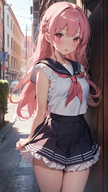 Masterpiece,highest quality,Very detailed,8k CG,
Photograph the upper body,1 Female,(Arms behind back:1.2),Are standing,Body facing forward,View your viewers,(Sailor,Without skirt,Bloomers:1.3),
blush,shy,(trembling:1.2),Pink Hair,Open your mouth,Ground,