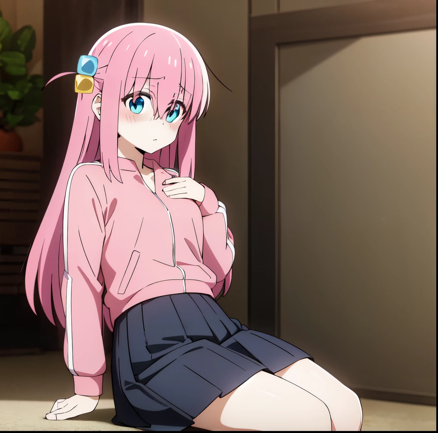 ((masterpiece)), (best quality:1.7), (detailed:1.4), (high res:1.4), 8k, (colorful:1.5), 2d, high resolution, sharped image, 4k, hd, gotou_hitori, 1girl, solo, long hair, pink hair, blue eyes, one side up, cube hair ornament, jacket, hair over eyes, ((hair ornament)), long sleeves, track jacket, looking at viewer, hair between eyes, pink jacket, ((ful body)), ((medium breasts)), room, japanese room, collarbone, blush, borrowed, sad, scared, shaded face, ((thighs)), zip-zap jacket, hands on own breasts, black skirt, pleated skirt, school skirt, bare legs, school shoes, white shirt, (doggy style), nsfw, (no panty), cum in anal