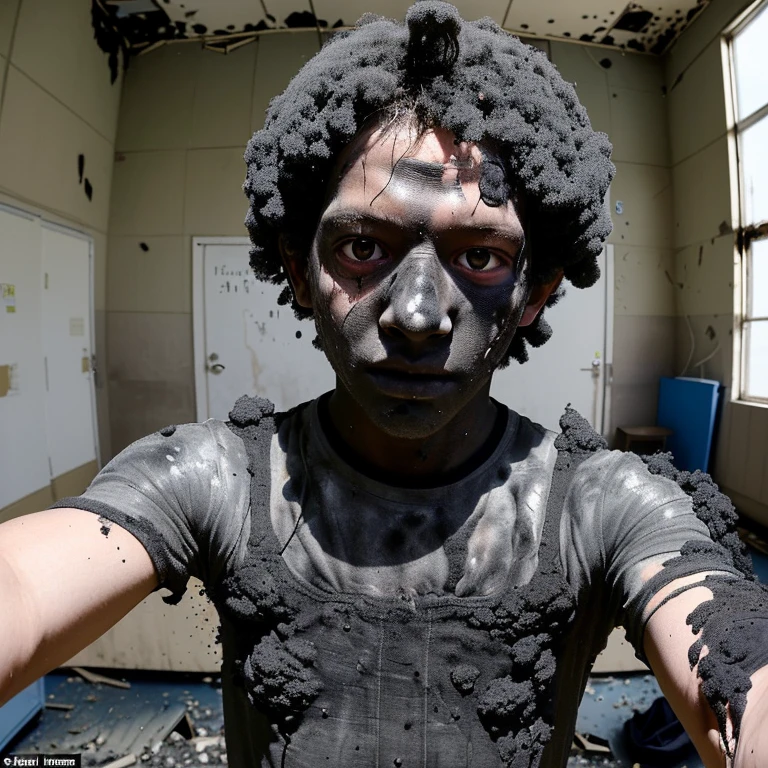 A selfie of a boy in elementary school, covered in soot and with an afro from an explosion in his room.