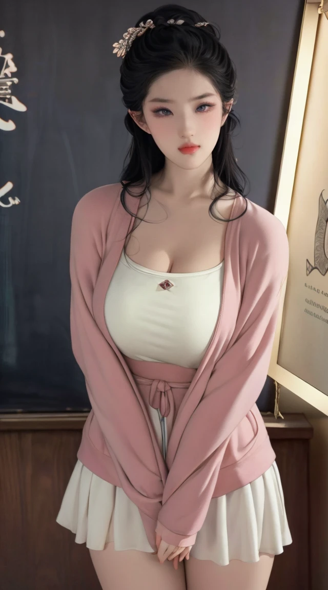 (best quality,4K,8k,high resolution,masterpiece:1.2),Super detailed,(Practical,photoPractical,photo-Practical:1.37),Nezuko Kamado,Sexy teacher,Beautiful and delicate eyes,Beautiful and delicate lips,Long eyelashes,Long black hair,Large Breasts，Showing cleavage，fit,cleveage,Revealing clothes,Short skirt,Suggestive underwear,Confident Posture,Teaching sex education,Classroom environment,blackboard,Books and papers,Students focus on,Expression of involvement and interest,Dedicated and professional teaching,Educational posters on the wall,Bright colors,Studio Lighting,soft warm tones,Warm and welcoming atmosphere
