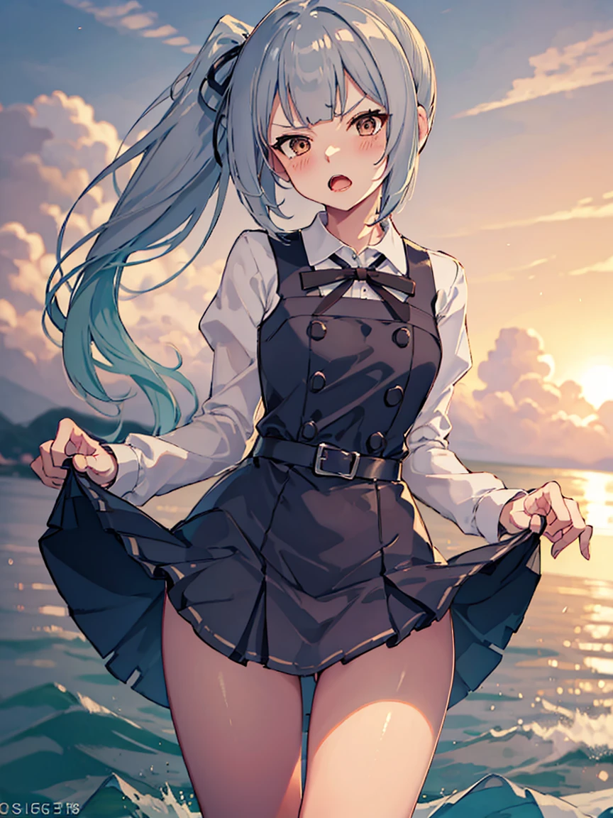 kasumi_kantaicollection, grey_hair, long_hair, side_ponytail, ribbon, brown_eyes, hair_ribbon, blush, black_ribbon, (small breasts, little body), 1 , solo, dress, pinafore_dress, school_uniform, shirt, long_sleeves, 
BREAK 
skirt lift pov, from below, lifted by self, head tilt
BREAK
angry, >:(, (blush)
BREAK
official art, best masterpiece, best quality, best resolution, 8K, best detailed, highly detailed hands, highly detailed fingers, very detailed mouth, perfect anatomy
BREAK
(sea, on the sea, sky), dust, dust, light particles, facing to viewer, , very fine and detailed 16KCG wallpapers