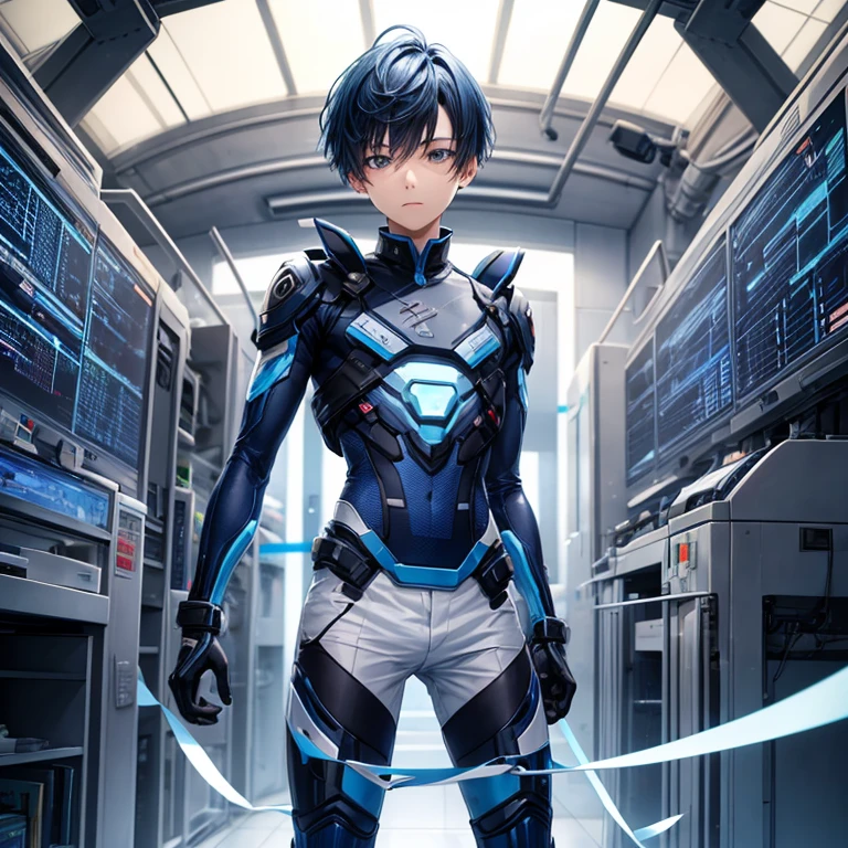 1boy, short blue hair, inocent expression, futuristic clothes, in a lab