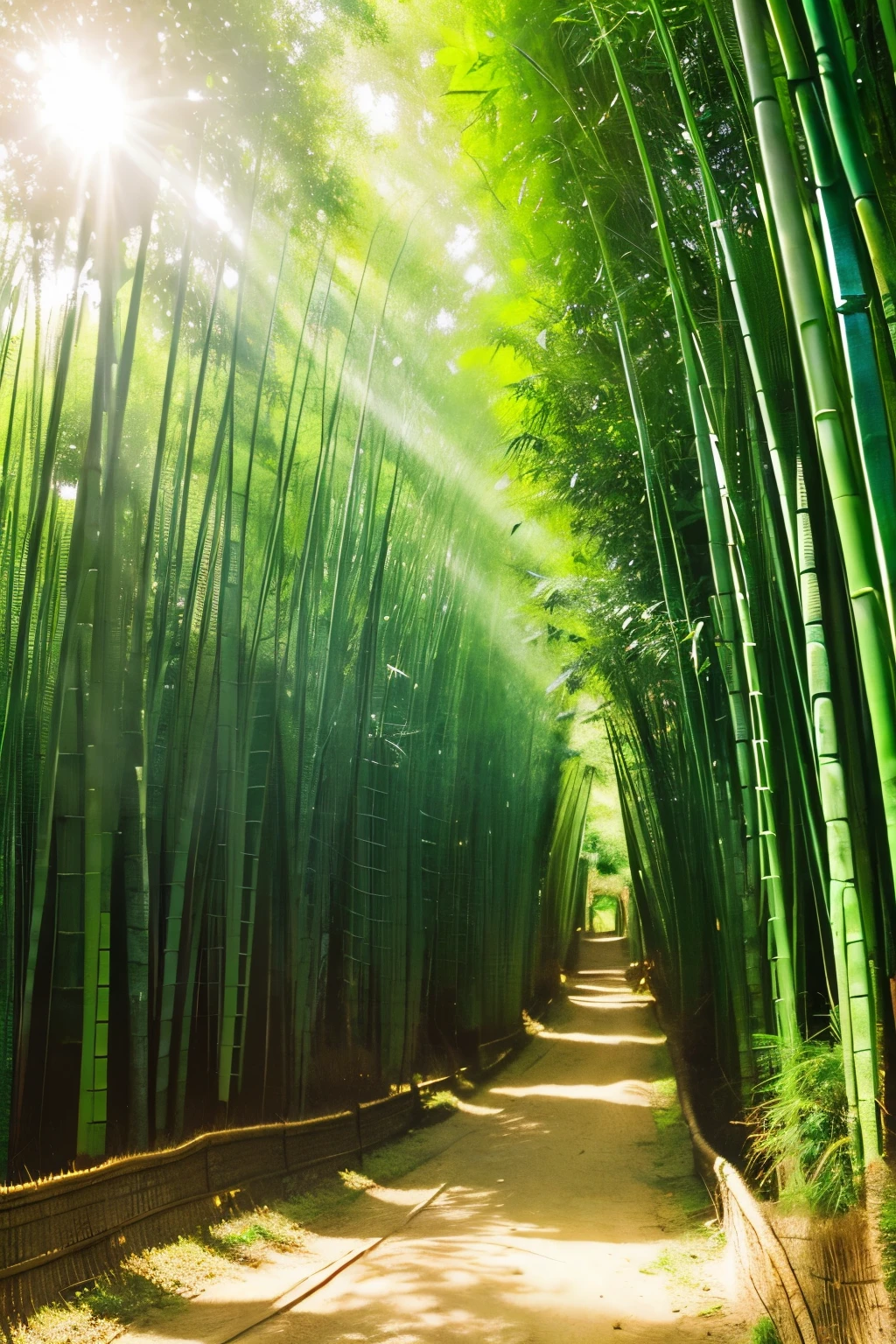 In the bamboo forest、The sunlight filtering through the trees is soft、In front of me is a thick bamboo、