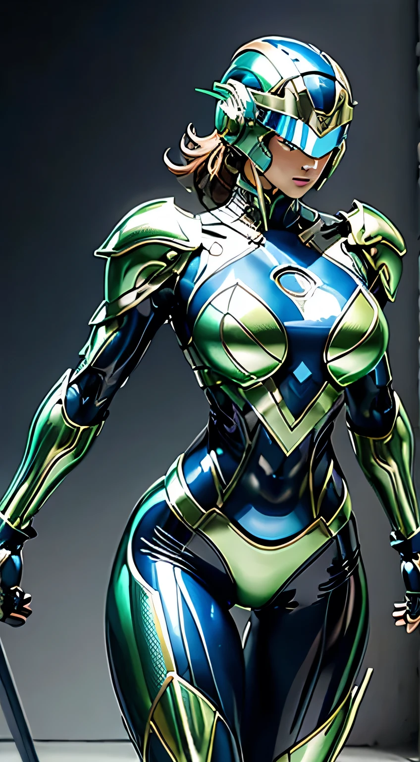 Female Robocop Solo、Bright outdoors、strong light source、8K, high quality, masterpiece, 最high quality、Very detailed、Armor that completely covers the whole body、Very large armor、Helmet covering the head、Clear photos、The eyes are hidden by thin, straight goggles:1.3、The lower half of the face is flesh:1.5、Face with exposed skin below the nose:5.0、Luscious lips、Fluorescent blue-green metallic armor with thin white lines、Armor that completely covers the chest、Long, slender legs、Vivid poseable body view,Big and ample breasts:1.5, (Sports Body:1.5)、Five Fingers、Photos in the city