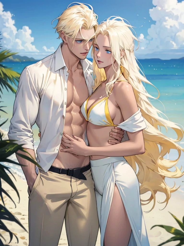 On a sandy tropical beach, a tall, handsome, statuesque, courageous young man-platinum blonde, with blue eyes, long straight white hair, tanned skin, he is wearing white beach shorts and an unbuttoned white shirt lies on his back, an incredibly beautiful delicate fragile young femme fatale-golden-haired blonde with blue eyes, long golden hair lies on his chest,. she's wearing a yellow bikini. They are in love with each other, they look at each other.Masterpiece, perfect image, realistic pictures, detailed face study, full-length image, 8k, detailed image. extremely detailed illustration, a real masterpiece of the highest quality, with careful drawing.