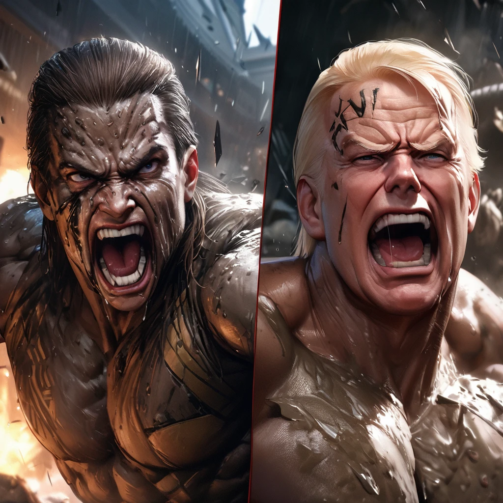 best quality,4k,8k,highres,masterpiece:1.2,ultra-detailed,realistic:1.37,predator,portrait,Trump in Dutch's role,Trump covered in mud,beating the stuffing out of Biden-themed Predator,White House,action-packed,aggressive lighting,vivid colors,Trump's fierce expression,strong muscles,sweat dripping,thick mud on Trump's body,Predator's Biden-themed markings,Trump's powerful punches,Trump's determined eyes,Trump's intense concentration,Trump's firm stance,explosive action,chaotic battle,shattered glass,crumbling walls,Trump's triumph,Trump's dominance,instant classic