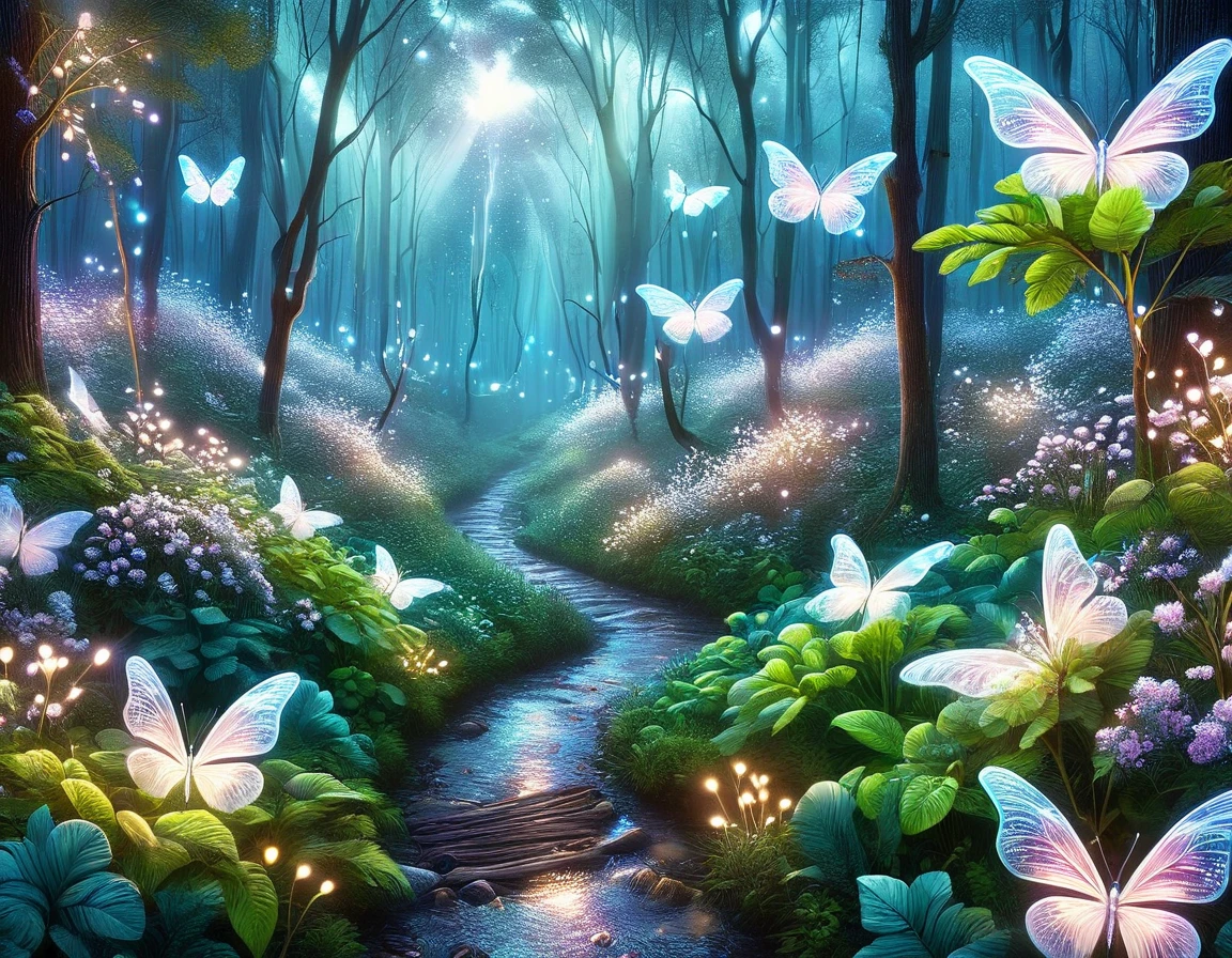 ((mariposa azuls: 1.5)), (Obra maestra), (mejor calidad: 1.0), (Ultra high resolution: 1.0), detailed illustration, paisaje detallado, bosque , helechos, plantas, vibrante coloers, 8k, Noche, nubes lunares, ((magical, hermoso: 1.4 )), ((mejor calidad, vibrante, 32k de luz y sombras bien definidas)).