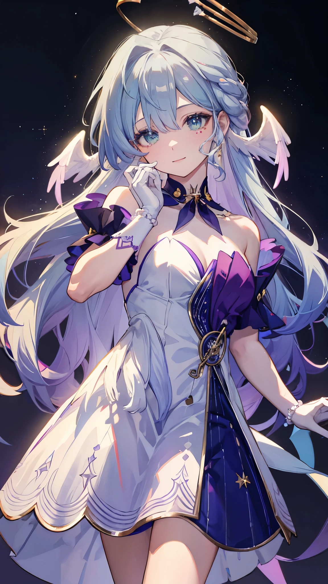 (masterpiece, top quality, best quality, official art, beautiful and aesthetic:1.2),(8k, best quality, masterpiece:1.2), (((masterpiece))),(((best quality))),(((extremely detailed))),illustration,who, (masterpiece, top quality, best quality, official art, beautiful and aesthetic:1.2),(8k, best quality, masterpiece:1.2), ((masterpiece,best quality)), 1girl, robin, head wings, halo, white gloves, pearl bracelet, simple background, cowboy shot, singing, music, reaching towards viewer, smile, foreshortening,