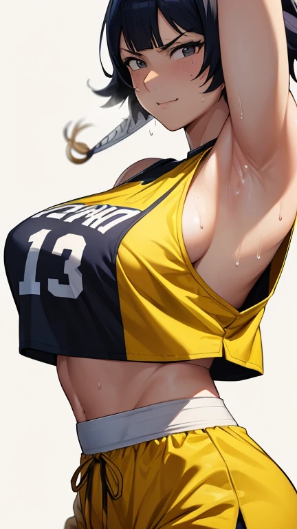 a close up of a person wearing a basketball uniform, a picture, inspired by Kentaro Miura, trending on pixiv, Soifon, Bleach, wearing yellow nba jersey, yellow croptop nba jersey, wearing a low cut croptop, wearing croptop, croptop, written "Lakers" on the croptop, golden raito, (winking), shirobako, large)}], favorite scene, fine details. anime. skins, sweating, big breasts, both hands raised, armpits, armpits visible, dripping with sweat, more more sweat, sweaty armpits, smile