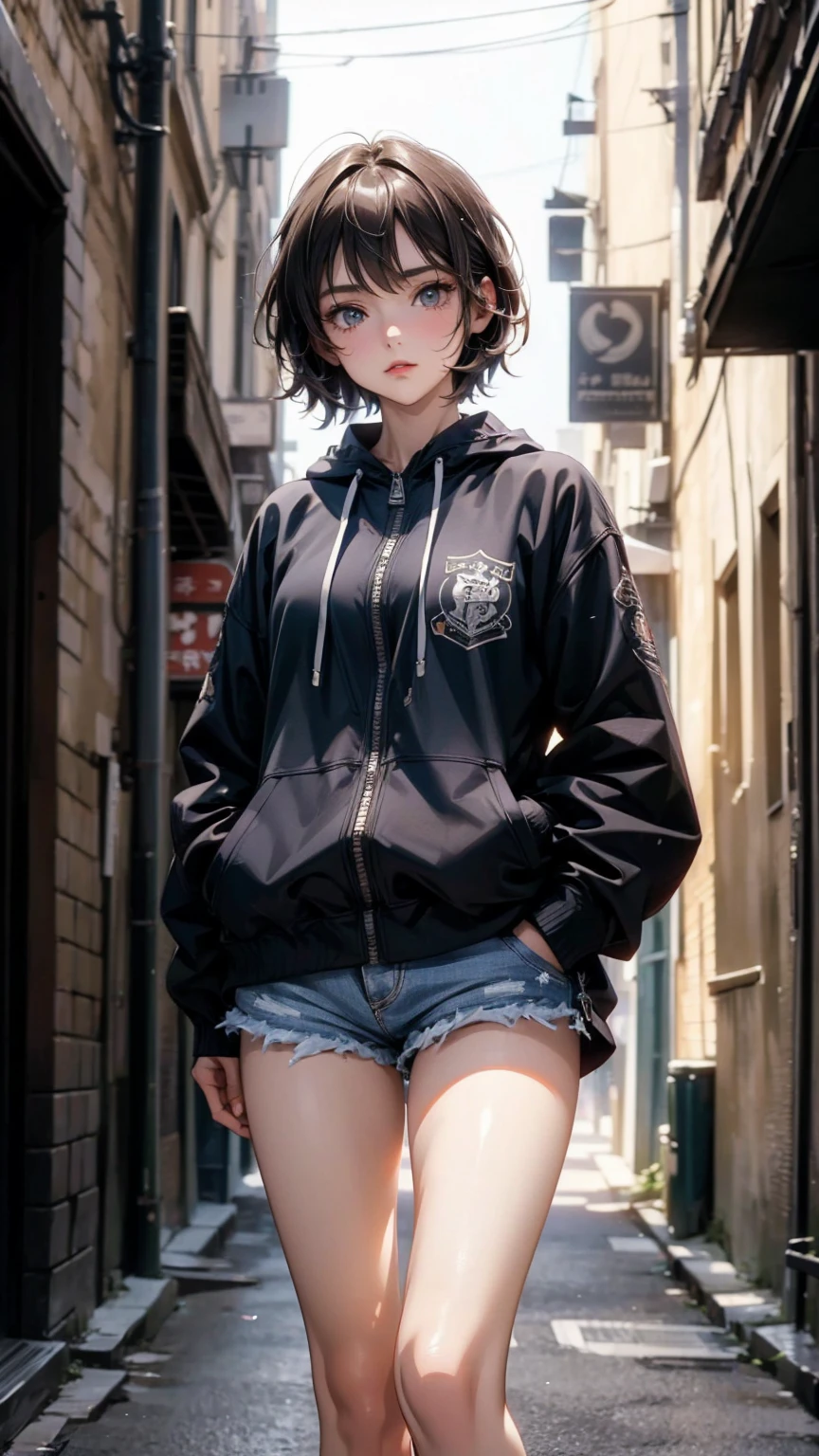 ((Highly detailed CG unit 8K wallpaper, masterpiece, High resolution, highest quality)), Structure from head to thighs:1.3, Upper body focus, 20-year-old woman, short hair, Avant-garde makeup, Hands in pockets pose:1.5, Blouson&Coordination of micro mini shorts, Blurred Background, A deserted back alley in Paris, Cinema Lighting, Anime Style, Simple lines, Digital Painting,