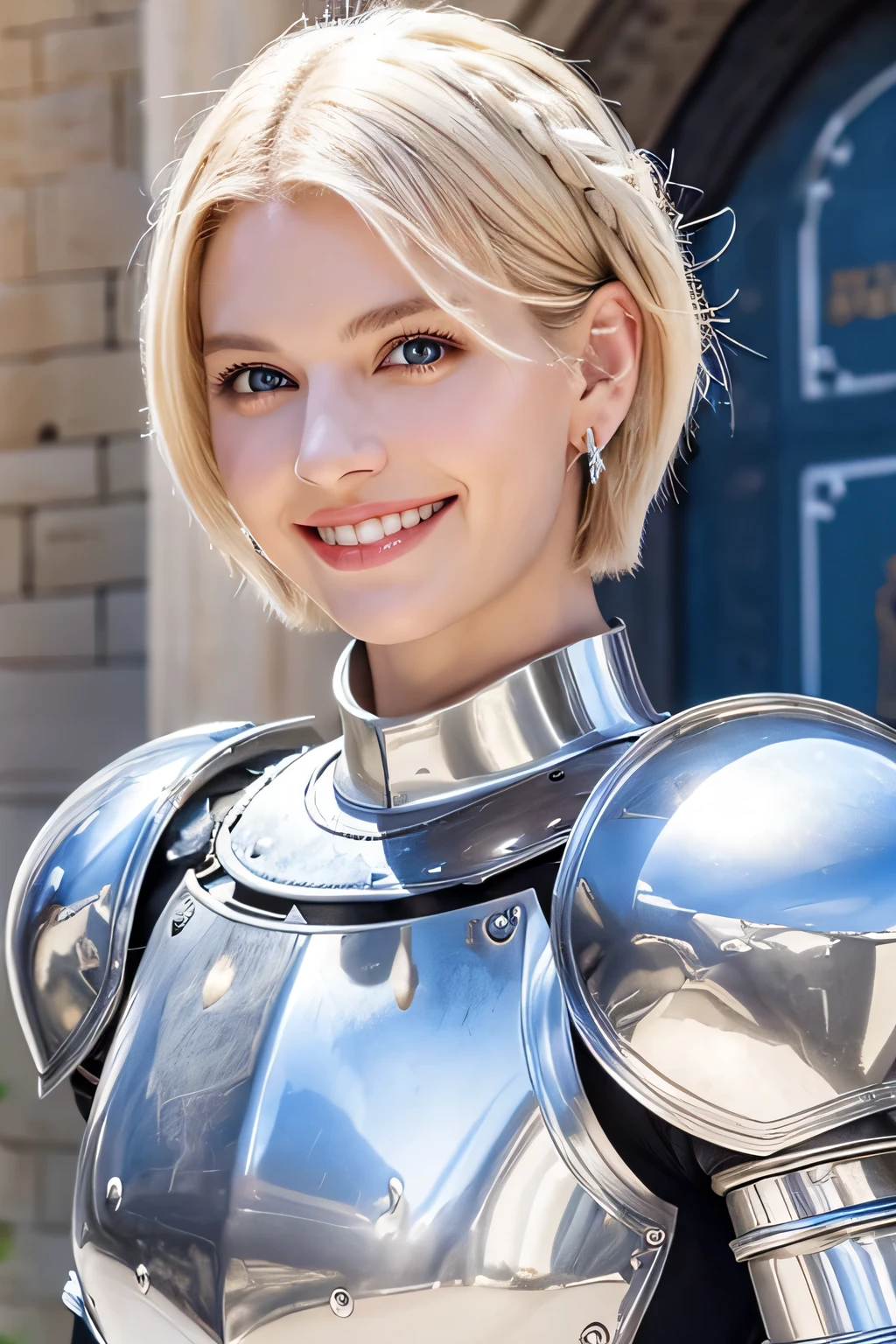 8K、highest quality、female knight、Luxurious Silver Armor、、hairstyle short cut、smile、beautiful teeth、full body photo、ear piercing、blonde、white woman、blue eyes、heavy makeup、The background is inside the castle
