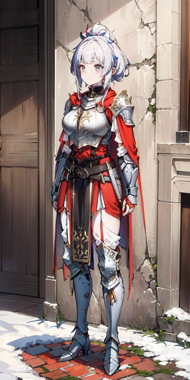 full body standing straight symmetrical, FEMALE warrior princess, big belt around waist, hair, very white skin like snow, wearing full heavy armor red cape, brown leather boots, adventurer outfit, veteran warrior
