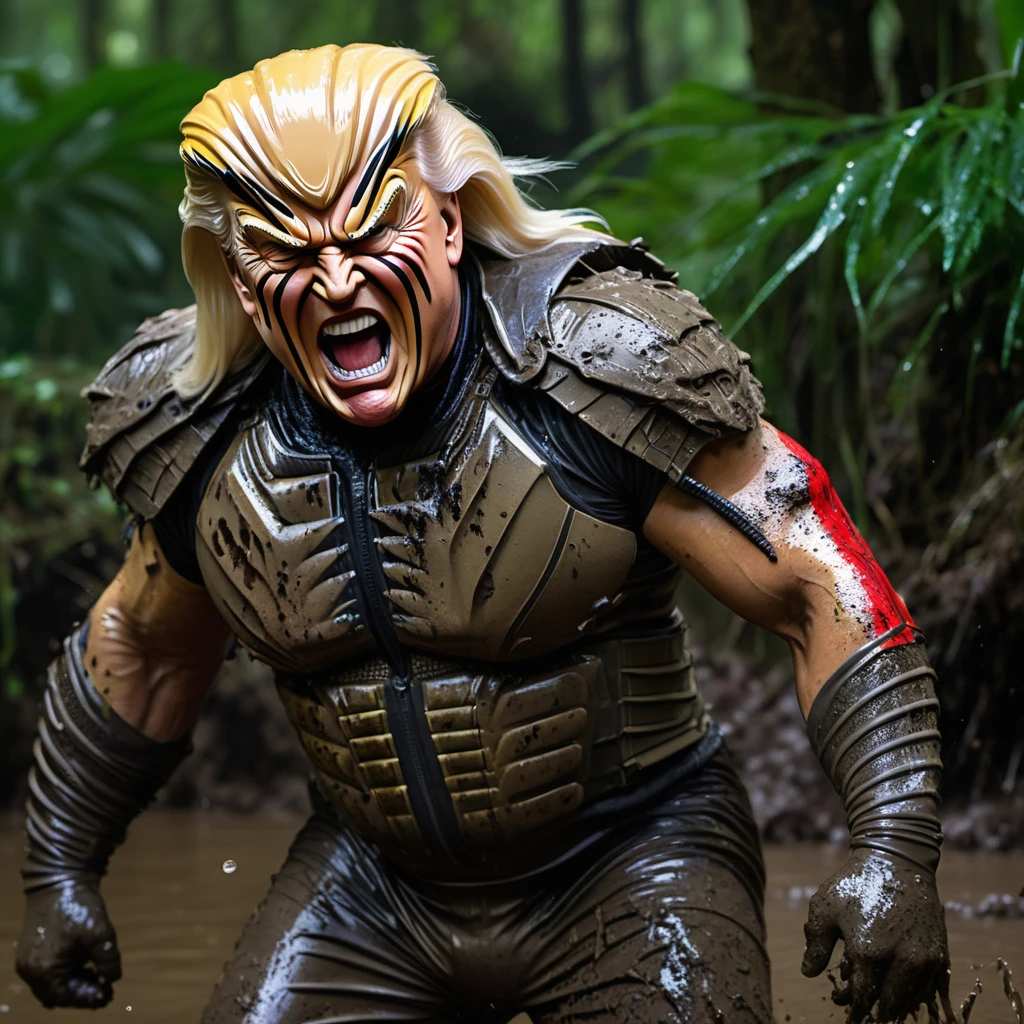 best quality,4k,8k,highres,masterpiece:1.2,ultra-detailed,realistic:1.37,predator,portrait,Trump in Dutch's role,Trump covered in mud,beating the stuffing out of Biden-themed Predator,White House,action-packed,aggressive lighting,vivid colors,Trump's fierce expression,strong muscles,sweat dripping,thick mud on Trump's body,Predator's Biden-themed markings,Trump's powerful punches,Trump's determined eyes,Trump's intense concentration,Trump's firm stance,explosive action,chaotic battle,shattered glass,crumbling walls,Trump's triumph,Trump's dominance,instant classic