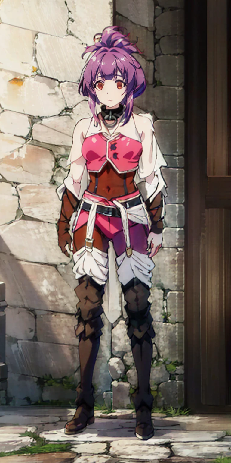 full body standing straight symmetrical, FEMALE warrior princess, big belt around waist, hair, very white skin like snow, wearing full heavy armor red cape, brown leather boots, adventurer outfit, veteran warrior