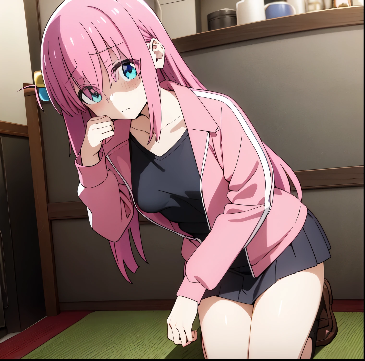 1girl, wolf ears, pink hair, pink hair, fluffy tail, wolf tail, solo, up skirt, pussy, no panties, squatting