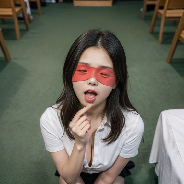 A young and very beautiful nun、((Open your mouth wide:1.7))、(Pour a large amount of milky lotion onto your face)、Wearing a blindfold、Face the viewer、Kneeling pose、At the altar of the chapel、Shot from above、cr1r3、lora:Mary_N_RV2_150:0.7、natural breasts、