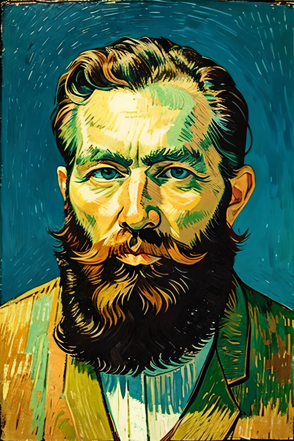 Generate a portrait of a bearded man in a Van Gogh style。