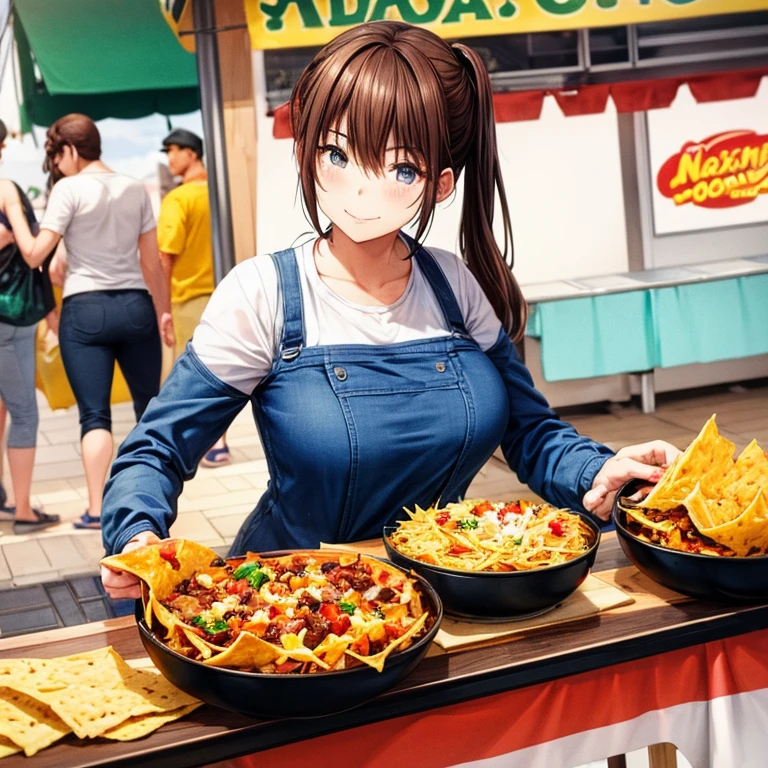 A woman with a towel wrapped around her head making large quantities of tteokbokki at a Korean food stall Tight clothing highest quality