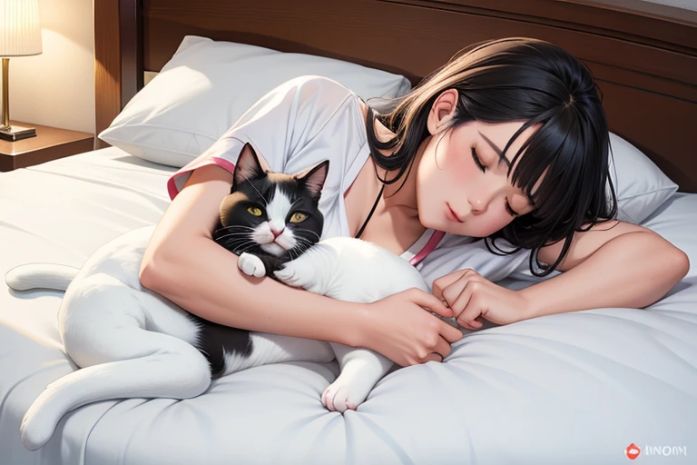 Woman sleeping in bed１people、Sleeping cat１Animals、The cat is lying down、(((A woman&#39;s body and a cat&#39;s body do not overlap))、(((woman is wearing pajamaasterpiece、highest quality、(((Realistic、Realistic:1.37)))、8K quality、Very delicate and beautiful、wonderful、Large file size、Very detailed、Very detailed、Cinema Lighting}}