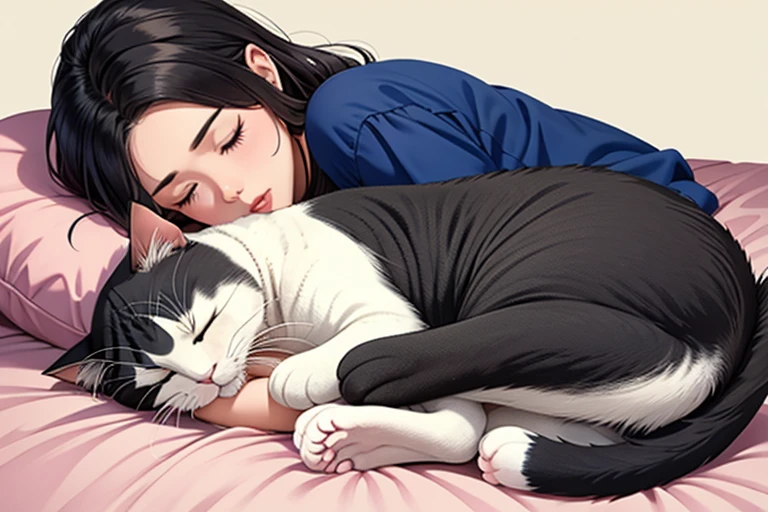 Woman sleeping in bed１people、Sleeping cat１Animals、The cat is lying down、(((A woman&#39;s body and a cat&#39;s body do not overlap))、(((woman is wearing pajamaasterpiece、highest quality、(((Realistic、Realistic:1.37)))、8K quality、Very delicate and beautiful、wonderful、Large file size、Very detailed、Very detailed、Cinema Lighting}}