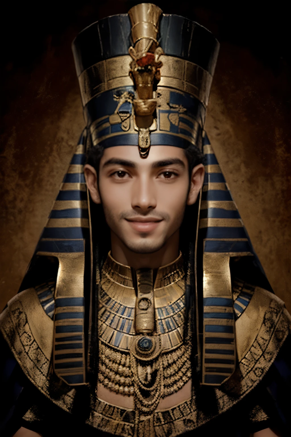 hombre medio cuerpo, portrait of a 30 year old Egyptian pharaoh man dressed as an ancient Egyptian pharaoh Tutankhamun style with brunette hair, ojos grandes negros, sonrisa perfecta, looking at camera, detalles perfectos, alta calidad