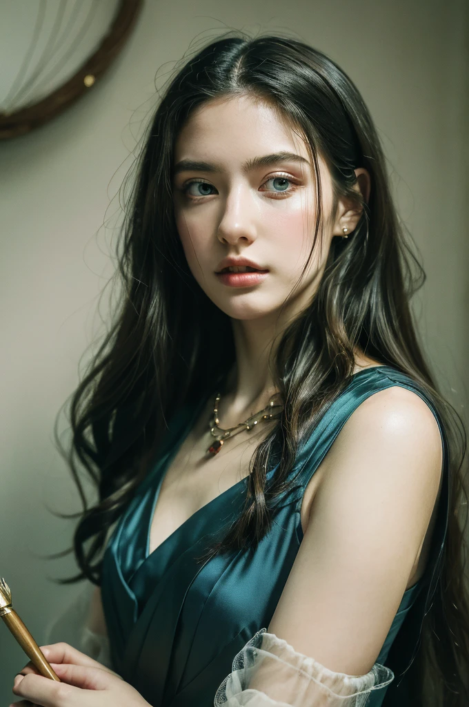 ( masterpiece, top quality, best quality,8k,17 years old girl,ultra detailed,raw photo:1.5),(photorealistic:1.4), (cinematic lighting), PerfectNwsjMajic, , Surrealism, UHD, ccurate, Super detail, textured skin, High detail, Best quality, dynamic angle, White skin,[Beautiful blue eyes], high nose,[flat chest:large breasts:0.5],(1girl),(good anatomy:0.5)), Dreamy atmosphere, Dark,expressive brush strokes, mystical ambiance, Artistic interpretation, Stunning Studio Ghibli style costumes, a whimsical illustration, Subtle colors and tones, mystical aura, jewelry ,sparkling,loose hair 