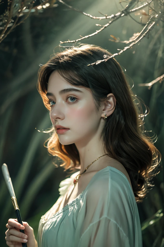 ( masterpiece, top quality, best quality,8k,17 years old girl,ultra detailed,raw photo:1.5),(photorealistic:1.4), (cinematic lighting), PerfectNwsjMajic, , Surrealism, UHD, ccurate, Super detail, textured skin, High detail, Best quality, dynamic angle, White skin,[Beautiful blue eyes], high nose,[flat chest:large breasts:0.5],(1girl),(good anatomy:0.5)), Dreamy atmosphere, Dark,expressive brush strokes, mystical ambiance, Artistic interpretation, Stunning Studio Ghibli style costumes, a whimsical illustration, Subtle colors and tones, mystical aura, jewelry ,sparkling,  loose hair 