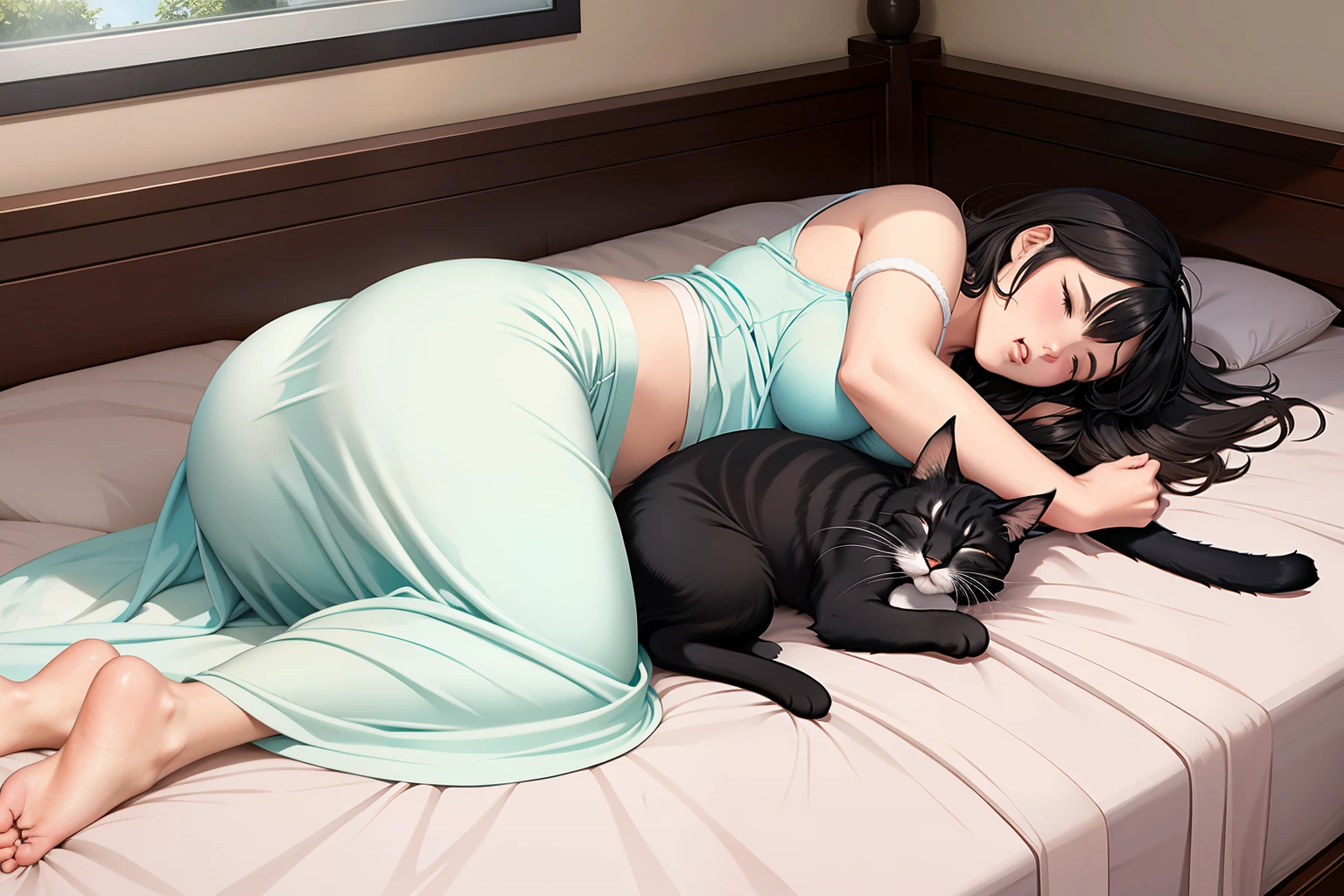 Woman sleeping in bed１people、Sleeping cat１Animals、The cat is lying down、(((A woman&#39;s body and a cat&#39;s body do not overlap))、(((woman is wearing pajamaasterpiece、highest quality、(((Realistic、Realistic:1.37)))、8K quality、Very delicate and beautiful、wonderful、Large file size、Very detailed、Very detailed、Cinema Lighting}}