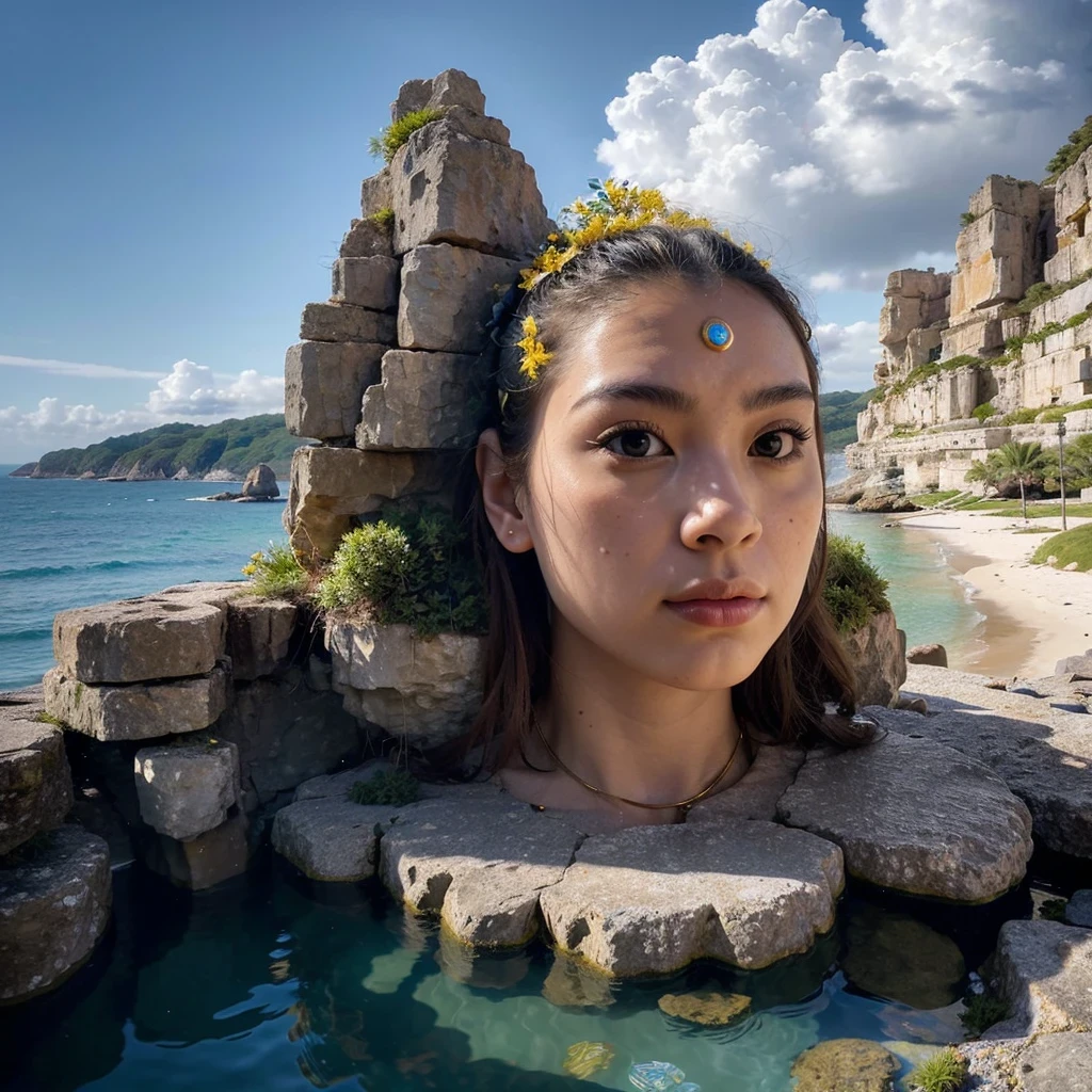 (masterpiece, best quality:1.2), super detail, cinematic lighting, HDR, illustration, Giant stone heads as habitat amid the sea, colorful,  monks in procession, mystery, highly detailed, high contrast, golden ratio composition, epic view, masterpiece,