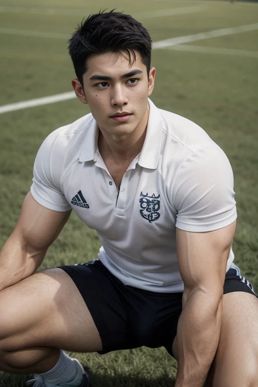 独奏 , 1 person , Portrait of a handsome Asian rugby player with short hair, a muscular beard, big muscles, wearing a white polo shirt, wet, outdoors, rice field, countryside, hut, Thailand, Laos, Burma, Asia.