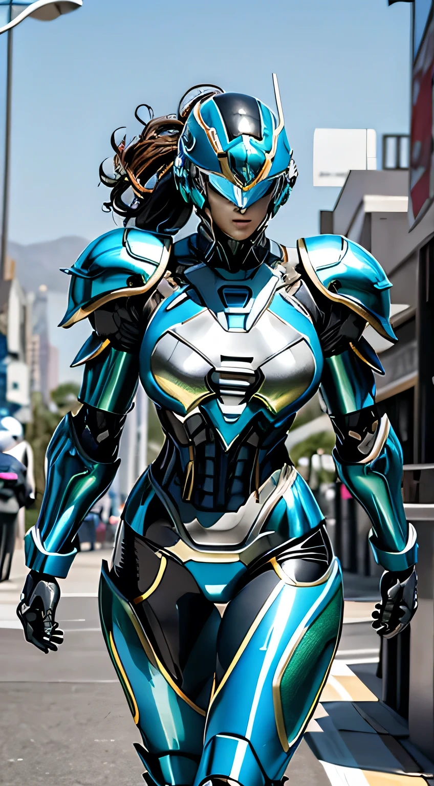 female robocop solo、bright outdoors、strong light source、8K, high quality, masterpiece, 最high quality, hd,sharp contrast、very detailed、Armor that completely covers the whole body、very large armor、Helmet covering the head、clear pictures、Eyes hidden by thin straight goggles:1.3、The lower half of the face is raw:1.5、The lower half of the face is exposed、luscious lips、dark blue metallic armor、Armor that completely covers the chest、thin and long legs、Vibrant posel body view,big and full breasts:1.5, (sports body:1.5)、five fingers、photos around town