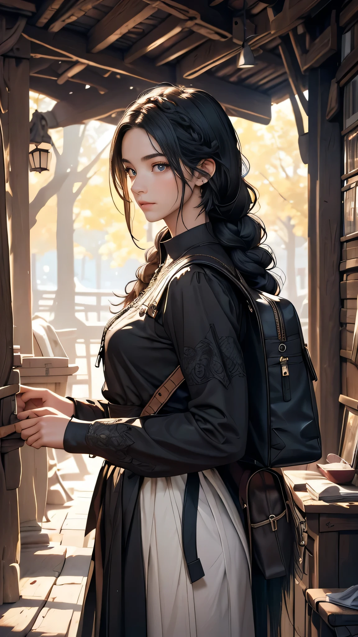 A traveler girl with extremely detailed long black braided hair, beautiful detailed eyes and face, dressed in a detailed black medieval traveler's shirt, carrying a backpack, near the horse stable, stroking the head of a black horse. (best quality,4k,8k,highres,masterpiece:1.2), ultra-detailed, realistic:1.37, HDR, UHD, studio lighting, extremely detailed painting, physically-based rendering, professional, vivid colors, portraits, black and white color scheme, soft and warm lighting.