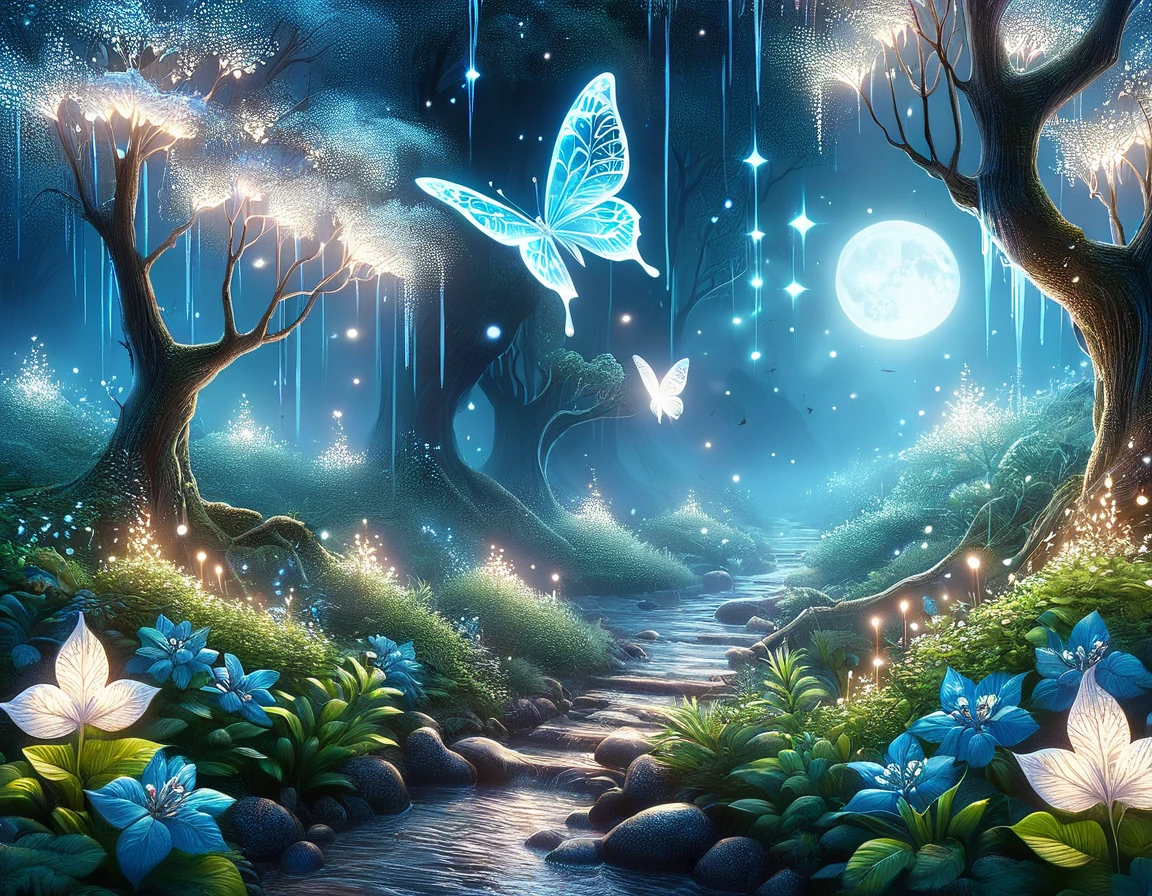 ((mariposa azul: 1.5)), (Obra maestra), (mejor calidad: 1.0), (Ultra high resolution: 1.0), detailed illustration, paisaje detallado, bosque , helechos, plantas, vibrante coloers, 8k, Noche, nubes lunares, ((magical, hermoso: 1.4 )), ((mejor calidad, vibrante, 32k de luz y sombras bien definidas)).