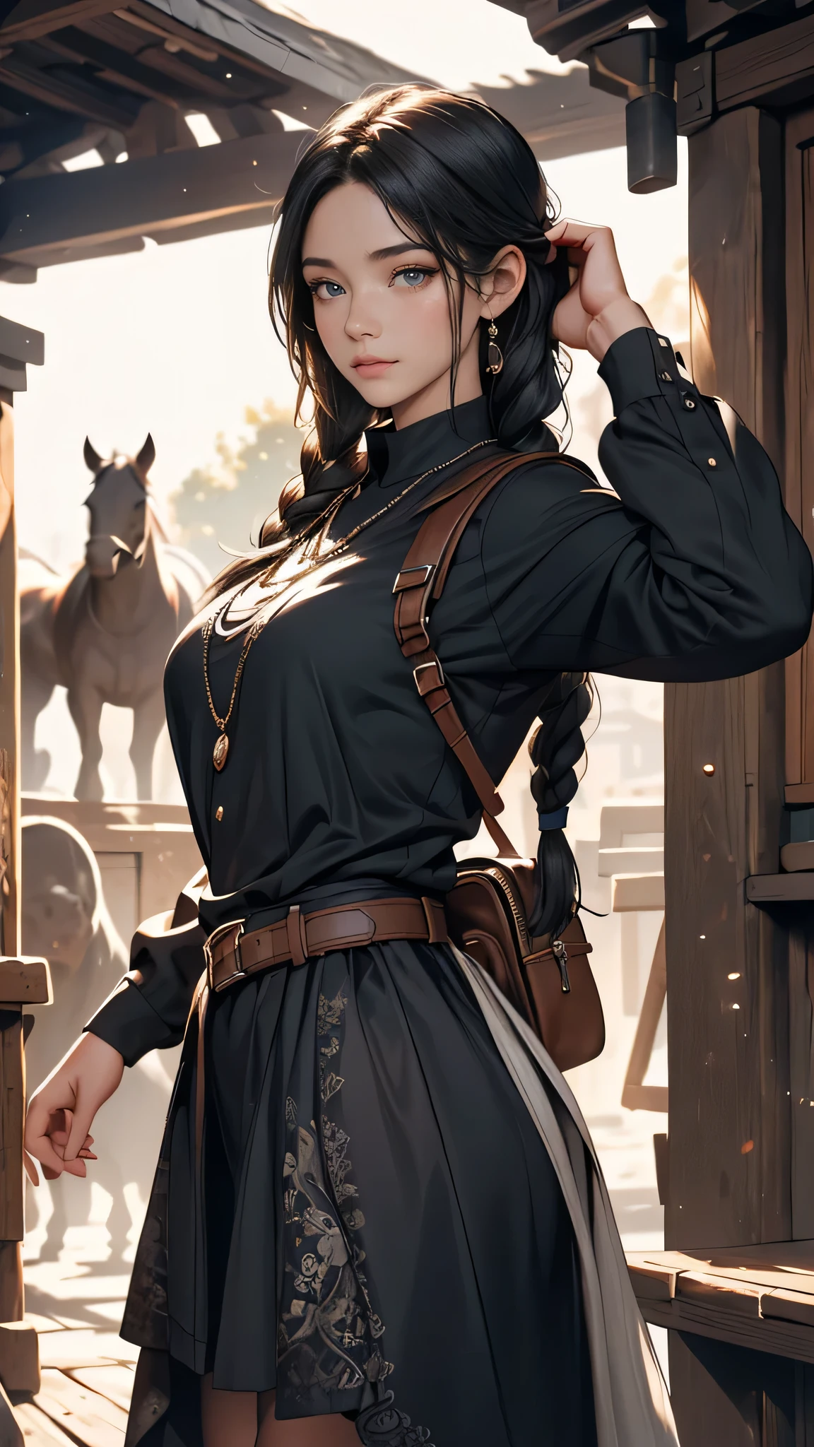A traveler girl with extremely detailed long black braided hair, beautiful detailed eyes and face, dressed in a detailed black medieval traveler's shirt, carrying a backpack, near the horse stable, stroking the head of a black horse. (best quality,4k,8k,highres,masterpiece:1.2), ultra-detailed, realistic:1.37, HDR, UHD, studio lighting, extremely detailed painting, physically-based rendering, professional, vivid colors, portraits, black and white color scheme, soft and warm lighting.